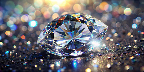 Poster - Glistening diamond rests on a black surface, reflecting colorful lights and shimmering brilliance. The intricate cuts enhance its radiant glow, creating a captivating visual display