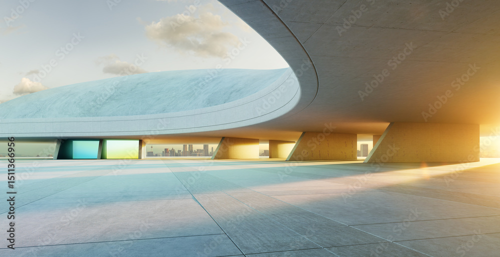 3D rendering futuristic concrete building exterior with empty parking ...