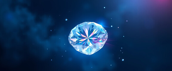 Poster - A brilliant diamond sparkles and rotates slowly in a deep blue space, surrounded by twinkling light reflections and tiny stars, creating an enchanting atmosphere