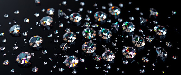 Poster - Numerous brilliant diamonds of various sizes are beautifully arranged on a dark surface, capturing and reflecting light in a stunning array of colors. The elegance showcases their clarity and cut
