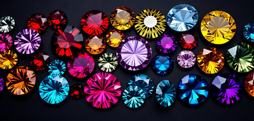 Poster - Various sparkling gemstones in a vibrant array of colors are carefully arranged on a dark background, showcasing their brilliance and intricate cuts. The display highlights beauty and craftsmanship
