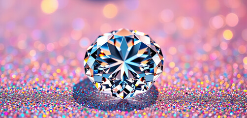 Poster - A radiant diamond is positioned elegantly on a shimmering surface filled with multi-colored glitter, reflecting vibrant hues and captivating light