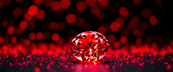 Poster - A striking red diamond is showcased prominently, reflecting light beautifully against a blurred background of bright red circles, creating a rich visual contrast