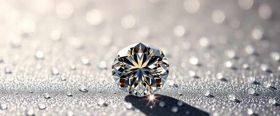 Poster - A brilliant diamond sits alone on a textured surface, surrounded by glistening water droplets that catch the light, creating a mesmerizing visual effect