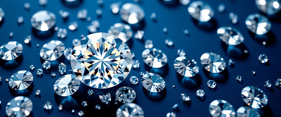 Poster - The image features an array of diamonds of different sizes glimmering against a rich blue background, highlighting their exquisite cuts and reflections. Each diamond displays a unique sparkle