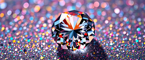 Poster - A radiant diamond with intricate facets sits prominently on a vibrant, glittery surface, reflecting light and colors in a captivating display of brilliance and beauty