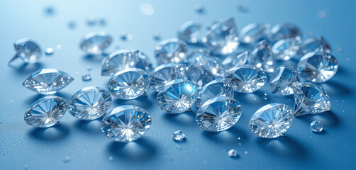 Poster - Numerous clear diamonds are scattered across a smooth blue surface, each reflecting light and creating a dazzling display. The arrangement showcases their brilliant facets and clarity