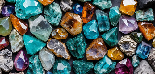 Poster - A diverse collection of gemstones and crystals showcases a vibrant array of colors and shapes. Each piece reflects light uniquely, revealing their natural beauty and unique formations