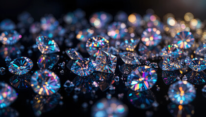 Poster - A collection of dazzling diamonds lies on a glossy dark surface, catching light and dispersing colorful reflections across the scene, creating a captivating display of luxury and beauty