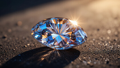 Poster - A brilliant diamond sits elegantly on a textured sandy surface, capturing the sunlight and radiating colorful reflections. The subtle play of light hints at its exquisite cut and clarity