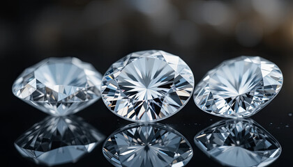 Poster - Three diamonds are positioned side by side on a glossy black surface, highlighting their exquisite cut and sparkle. The light reflects beautifully, enhancing their gem-like qualities