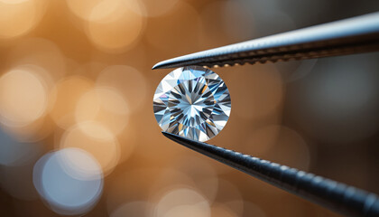 Poster - A brilliant cut diamond is carefully gripped by tweezers, showcasing its sparkling facets and clarity against a softly blurred golden background, creating a sense of elegance