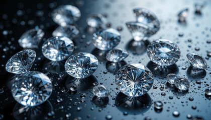 Poster - A collection of sparkling diamonds rests on a reflective surface covered in droplets of water. The intricate cuts enhance the light, creating a mesmerizing display of brilliance and sparkle