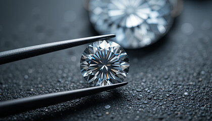 Poster - A round, brilliant-cut diamond is held delicately with tweezers, showcasing its sparkling facets against a textured, dark surface. The focus highlights the jewel's clarity and brilliance