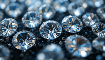 Poster - Brilliantly cut diamonds are scattered on a dark background, showcasing their sparkle and clarity. Light reflects off their surfaces, creating a mesmerizing visual effect