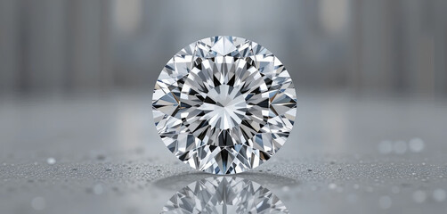Poster - A round diamond sits prominently on a glossy surface, reflecting light in various colors. The intricate facets of the stone showcase its brilliance and clarity, capturing attention