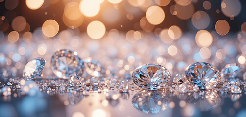 Poster - Glistening crystals are artistically arranged on a reflective surface, illuminated by warm bokeh lights, creating an enchanting atmosphere perfect for festive occasions