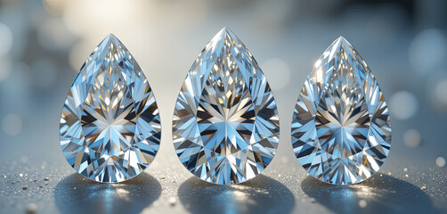 Poster - Three exquisite diamonds are arranged in a triangular formation, reflecting light beautifully in a soft background, emphasizing their cut and clarity in an elegant display