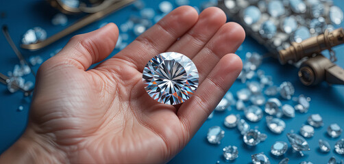 Poster - A person presents a large round diamond in their palm, showcasing its brilliance. Surrounding the hand are various smaller gemstones glistening under natural light, creating an artistic arrangement