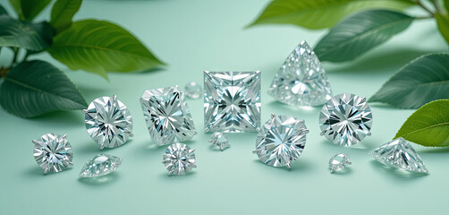 Poster - Different shapes of sparkling diamonds are elegantly displayed among fresh green leaves on a light pastel backdrop, emphasizing their unique cuts and reflections