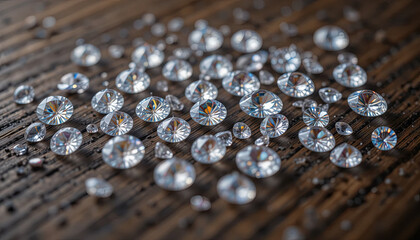 Poster - Shimmering diamonds of various sizes are spread across a rustic wooden surface, each reflecting light and showcasing their brilliance. Their cut and clarity enhance the sense of luxury
