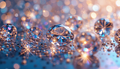 Poster - Brilliant diamonds rest on a smooth surface, catching light and creating reflections. Soft bokeh lights enhance the elegance, evoking a sense of luxury and opulence