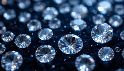 Poster - Numerous sparkling diamonds lie on a black surface, reflecting light beautifully. The arrangement showcases their clarity and brilliance, creating a luxurious atmosphere