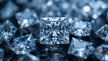 Poster - A variety of diamonds of different shapes and sizes rest on a dark surface, reflecting light and creating a stunning visual display of brilliance and clarity