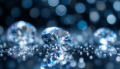 Poster - Three brilliant diamonds rest on a reflective surface, glistening under soft, diffused light. The background features a mesmerizing bokeh effect, enhancing the elegance