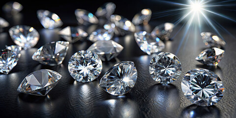 Poster - Glistening diamonds are strewn across a dark surface, catching and reflecting light in various angles. The sparkling gems exhibit a stunning array of shapes and sizes, creating an alluring visual