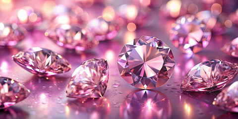 Poster - Shimmering pink diamonds of various sizes are scattered across a shiny, reflective surface, illuminated by soft, diffused light. Each diamond showcases intricate facets and sparkling brilliance