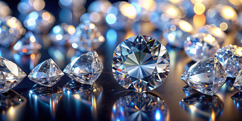 Poster - A variety of diamonds of different cuts and sizes are delicately arranged on a shiny surface, reflecting light in a dazzling array of colors and shapes