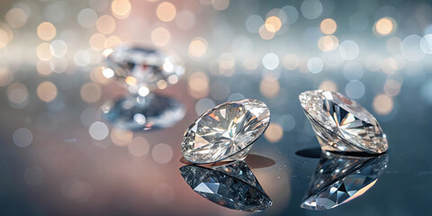 Poster - Several intricately cut diamonds rest on a sleek surface, glistening under soft, blurred lighting. Their brilliance creates a captivating visual effect in an elegant environment