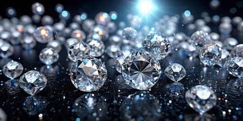 Poster - Diamonds of various sizes are scattered across a dark surface, reflecting light and creating a sparkling effect. The bright highlights enhance the luxurious appearance of the gems