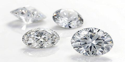 Poster - Several diamonds of various shapes are arranged on a bright surface highlighting their clarity and sparkling facets under light. Each diamond reflects light beautifully