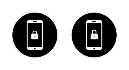Fototapete - Lock and unlock padlock on phone screen icon on black circle. Security smartphone sign symbol