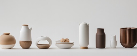 Ceramic and Wooden Vases and Decorative Objects on a White Background