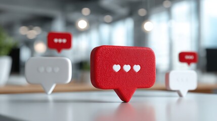 Poster - Red and white pin with a heart symbolizing organizational engagement through speech bubbles and communication