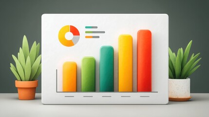 Poster - Plant and tablet displaying a bar graph chart illustrating organizational health report with vitality icons