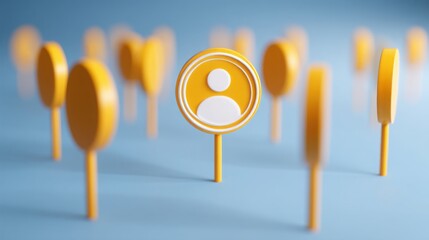 Poster - A person surrounded by a group of yellow pins symbolizing people-centered strategy concept focused on individual interaction
