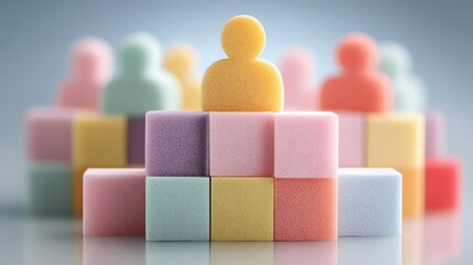Poster - Individual standing on a colored foam block representing the concept of talent development and skill building