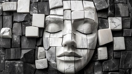 Aufkleber - Detailed marble mosaic face in black and white tones, classical texture with sculptural precision