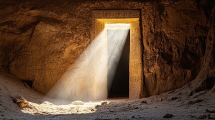 Poster - Desert scene with dramatic golden rays lighting up a royal tomb entrance, Valley of the Kings