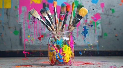 Aufkleber - Creative mix of used paintbrushes in splattered jar, artistic vibe and bold color energy