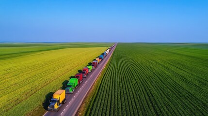 Poster - Convoy of big rigs on a rural highway, stretching into scenic farmland under a clear blue sky