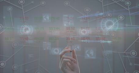 Poster - Image of data processing over hand of caucasian woman holding bulb
