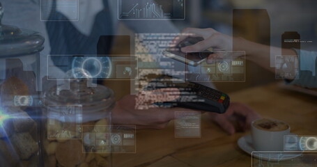 Poster - Image of cityscape over senior caucasian woman using smartphone
