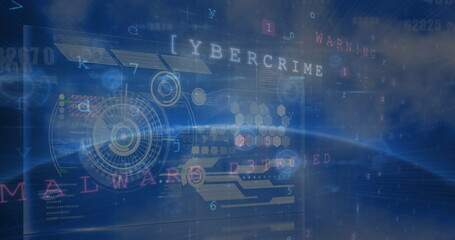 Poster - image of diverse data and processing circles on digital screens and blue background