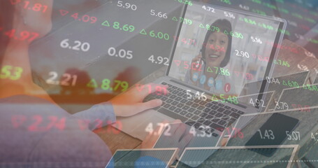 Poster - Image of financial data and caucasian woman having image call on laptop over solar panels