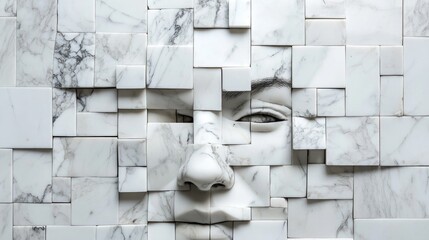 Poster - Close-up of artistic marble tile arrangement forming portrait in elegant monochrome